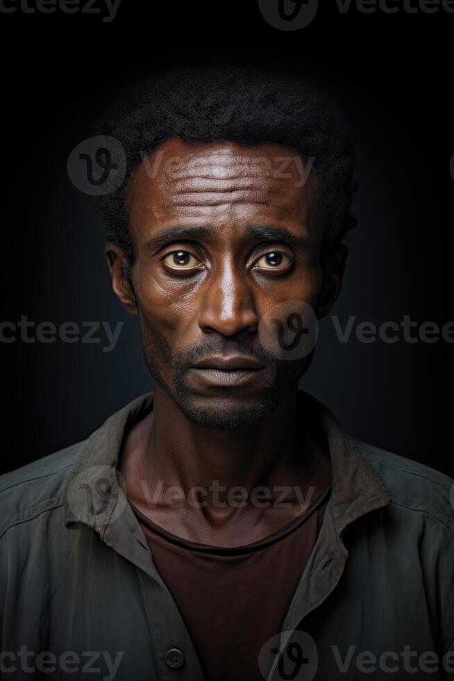 ai généré portrait de une sérieux homme de le africain course sur une noir Contexte photo