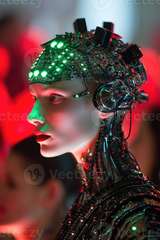 ai généré futuriste femme dans une cyborg costume à une mode spectacle photo