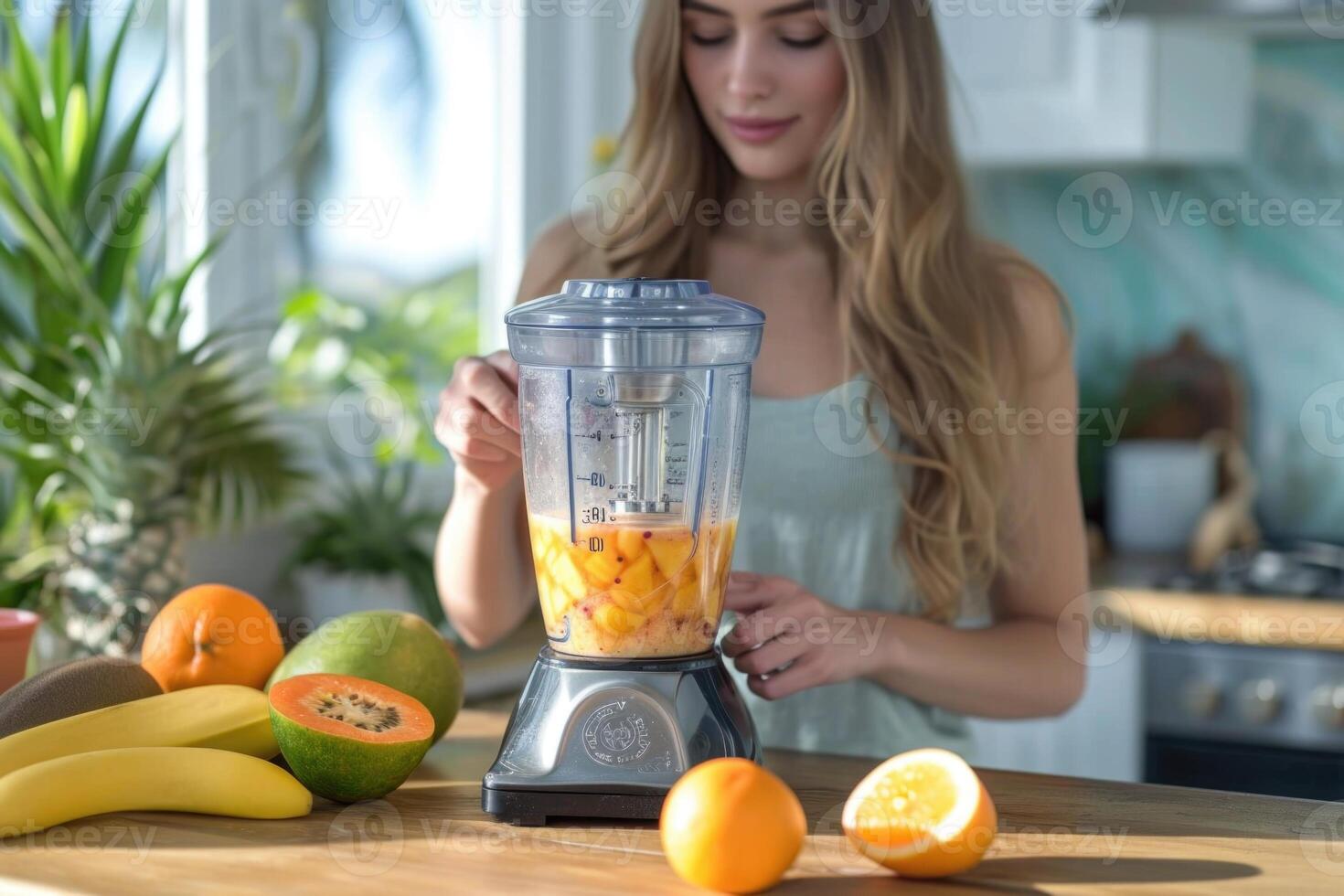 ai généré le fille les usages une mixeur tandis que fabrication une fruit smoothie dans le cuisine photo