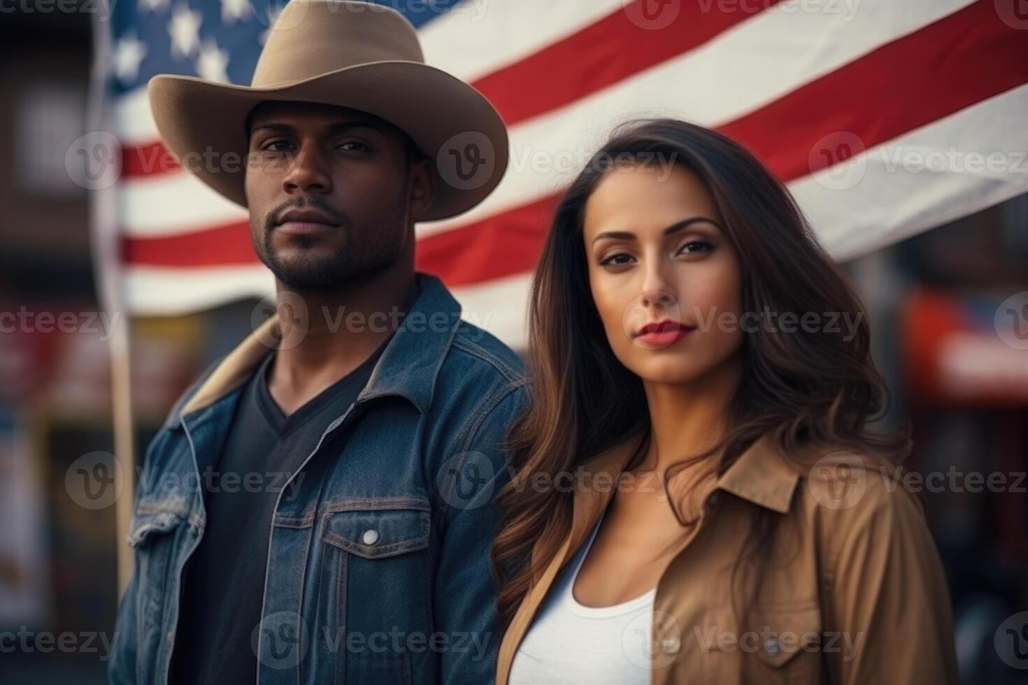 ai généré portrait de une homme et une femme patriotes de leur pays contre le Contexte de une ville rue photo