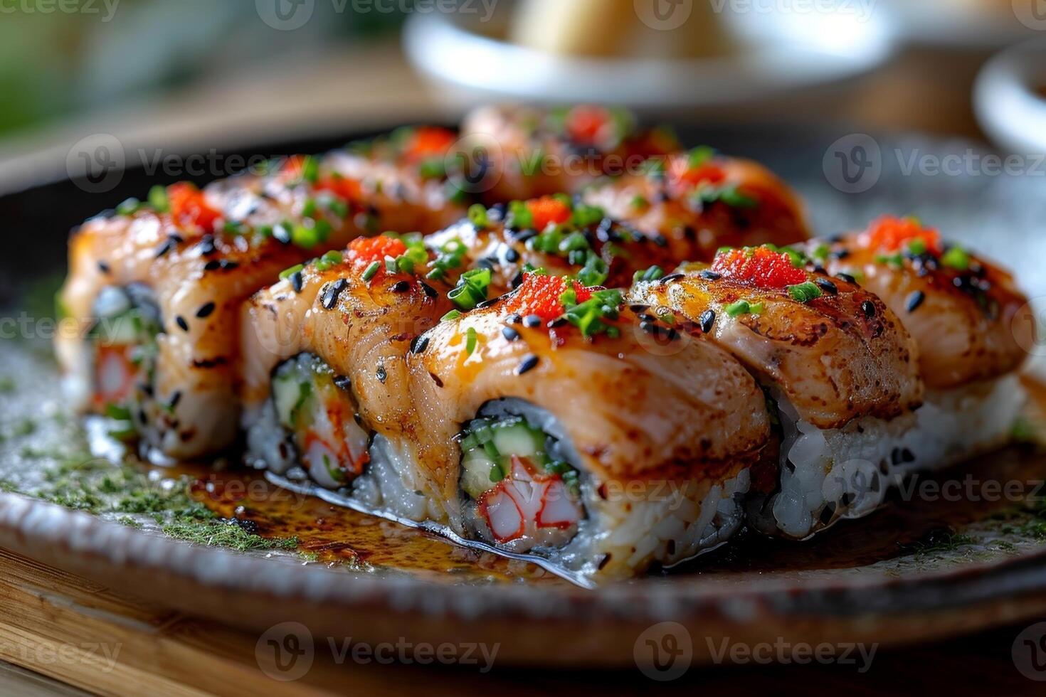 ai généré crême Philadelphia rouleau Sushi avec saumon, fumé anguille, concombre, avocat, crème fromage, rouge caviar. Sushi menu. Japonais nourriture photo
