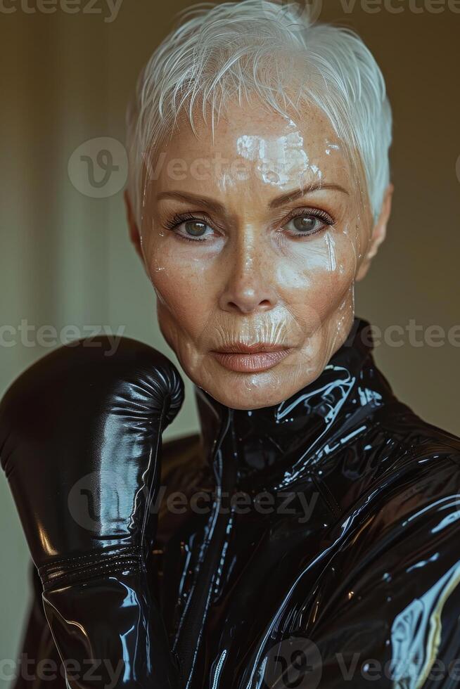 ai généré portrait de une élégant personnes âgées femme dans boxe gants et latex costume sur une blanc Contexte photo