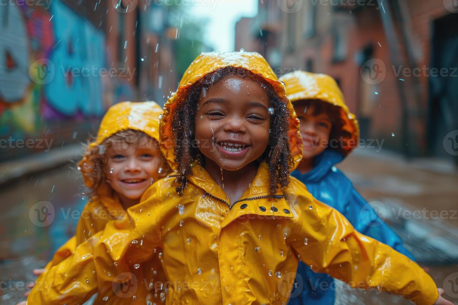 ai généré Trois des gamins dans coloré vêtements ayant amusement tandis que il des pluies à l'extérieur photo