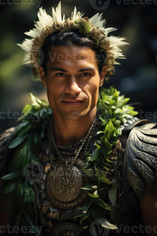 ai généré portrait de une polynésien homme de le pacifique île de Tahiti. français Polynésie photo