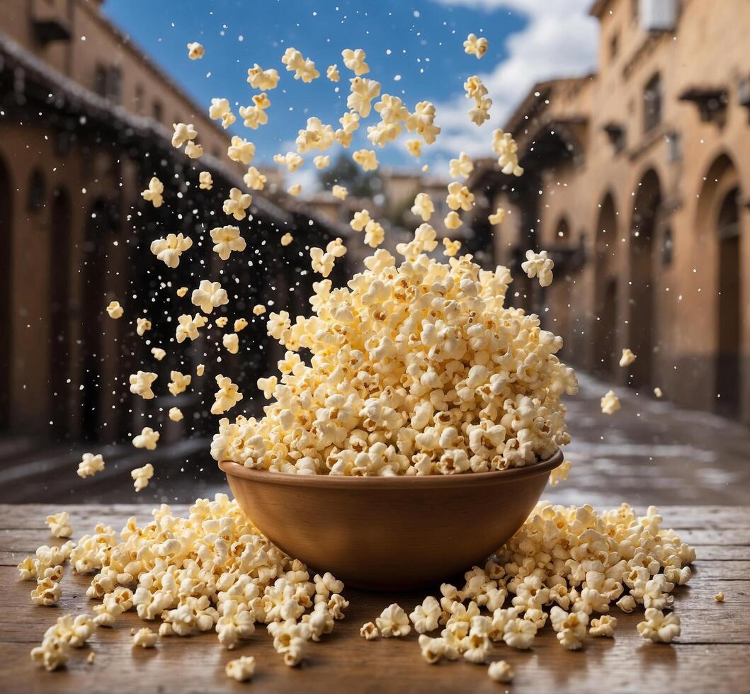 ai généré pop corn chute dans une bol sur une en bois table dans le rue photo