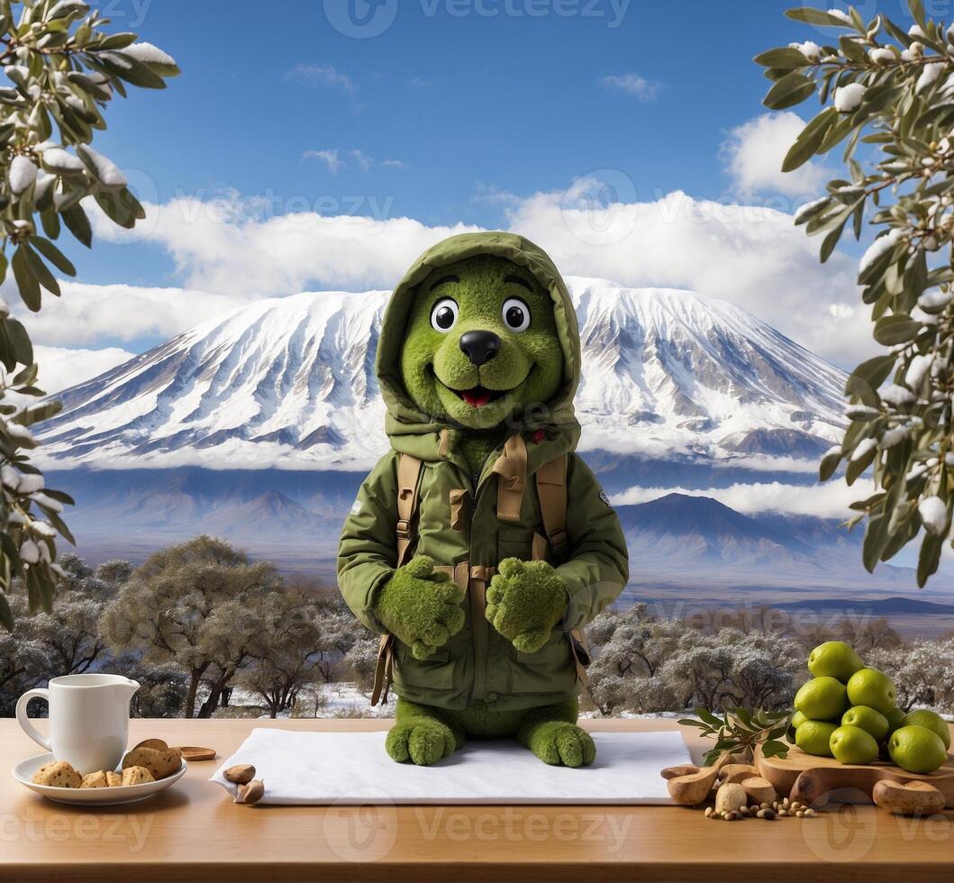 ai généré mignonne chien dans une vert imperméable séance sur une en bois table avec une tasse de café et une sac de Olives photo