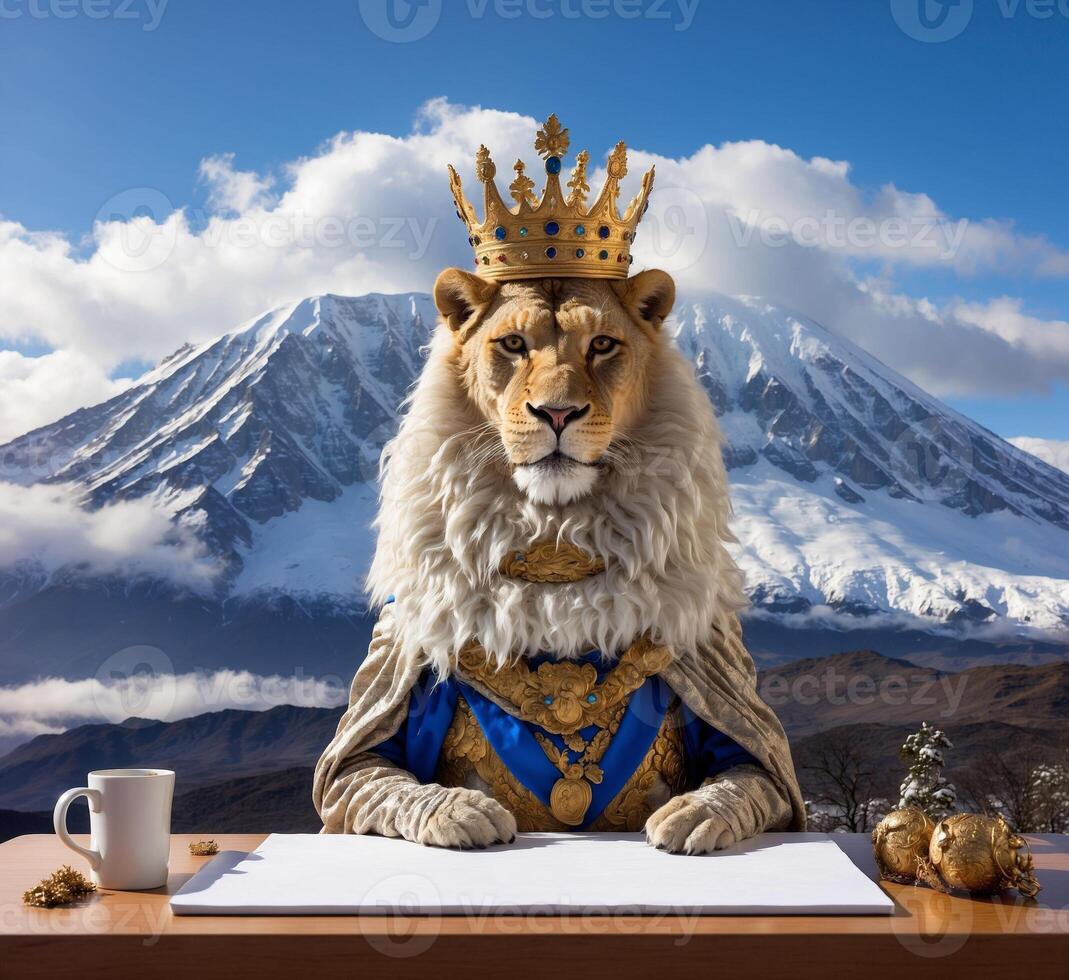 ai généré Lion Roi avec une d'or couronne séance à le table dans de face de mt. Fuji photo