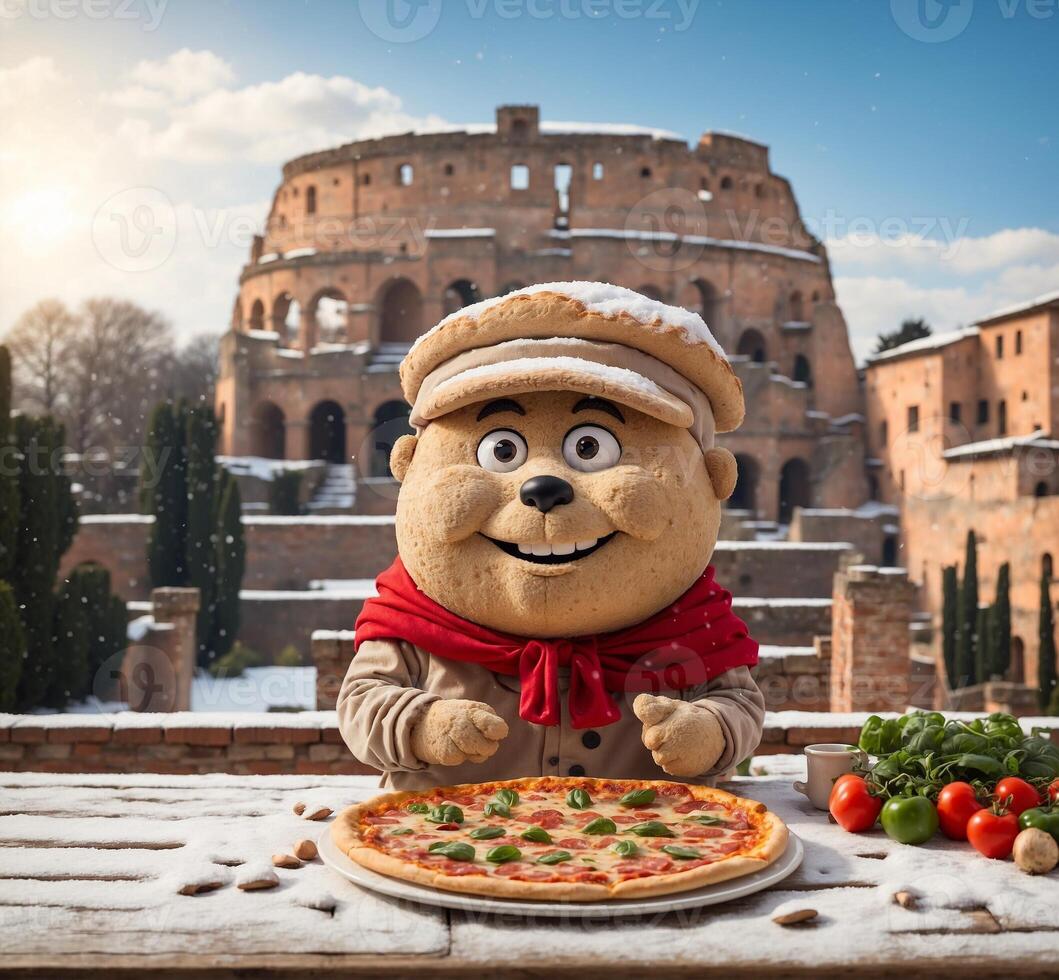 ai généré de bonne humeur Pizza ours sur le Contexte de colisée dans Rome, Italie photo