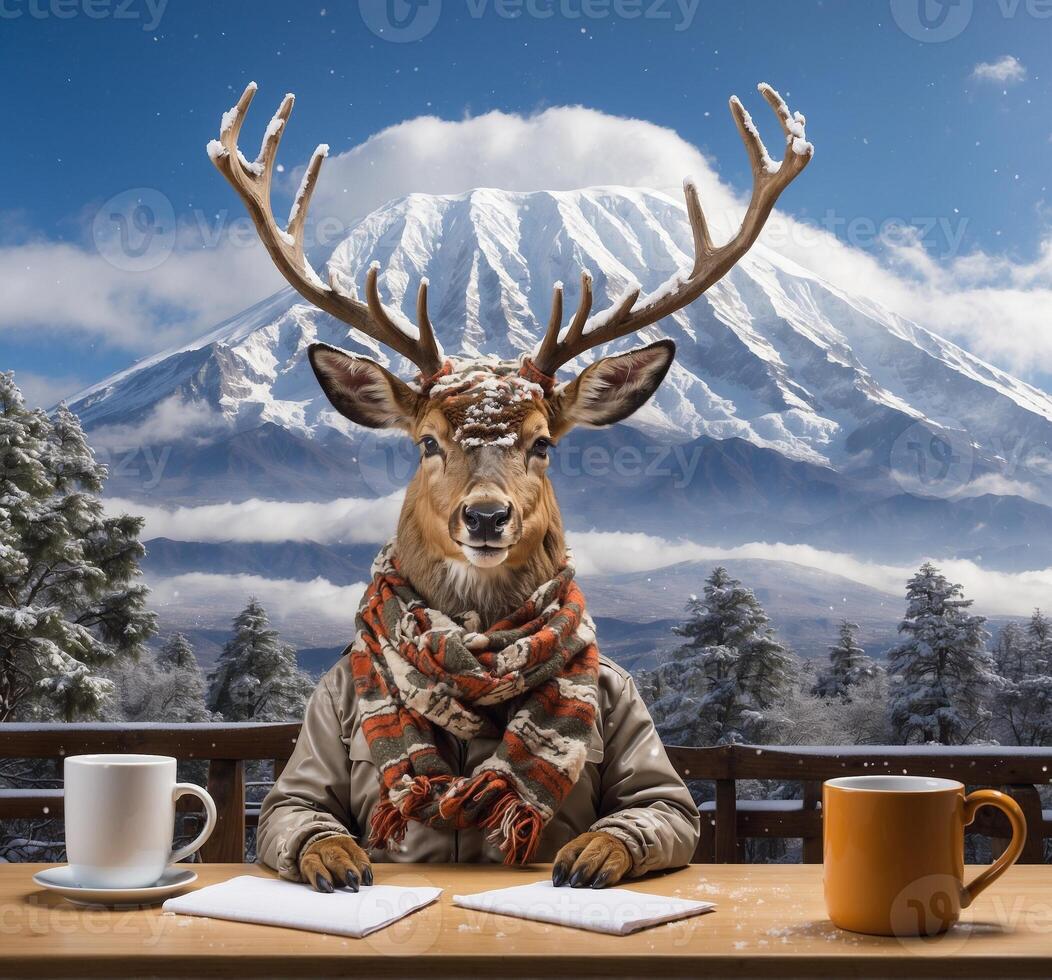 ai généré marrant cerf avec écharpe et tasse de café séance à le table avec Montagne Contexte photo