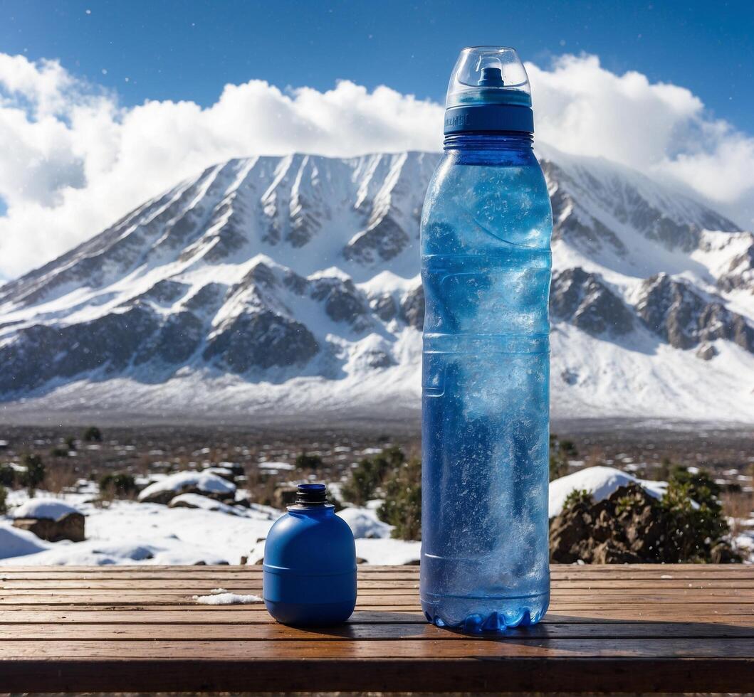 ai généré bouteille de l'eau sur le Contexte de enneigé montagnes photo