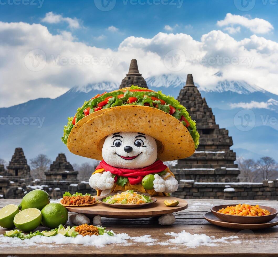 ai généré mexicain nourriture tacos mascotte personnage sur en bois table dans de face de neige plafonné mt. Fuji Contexte photo