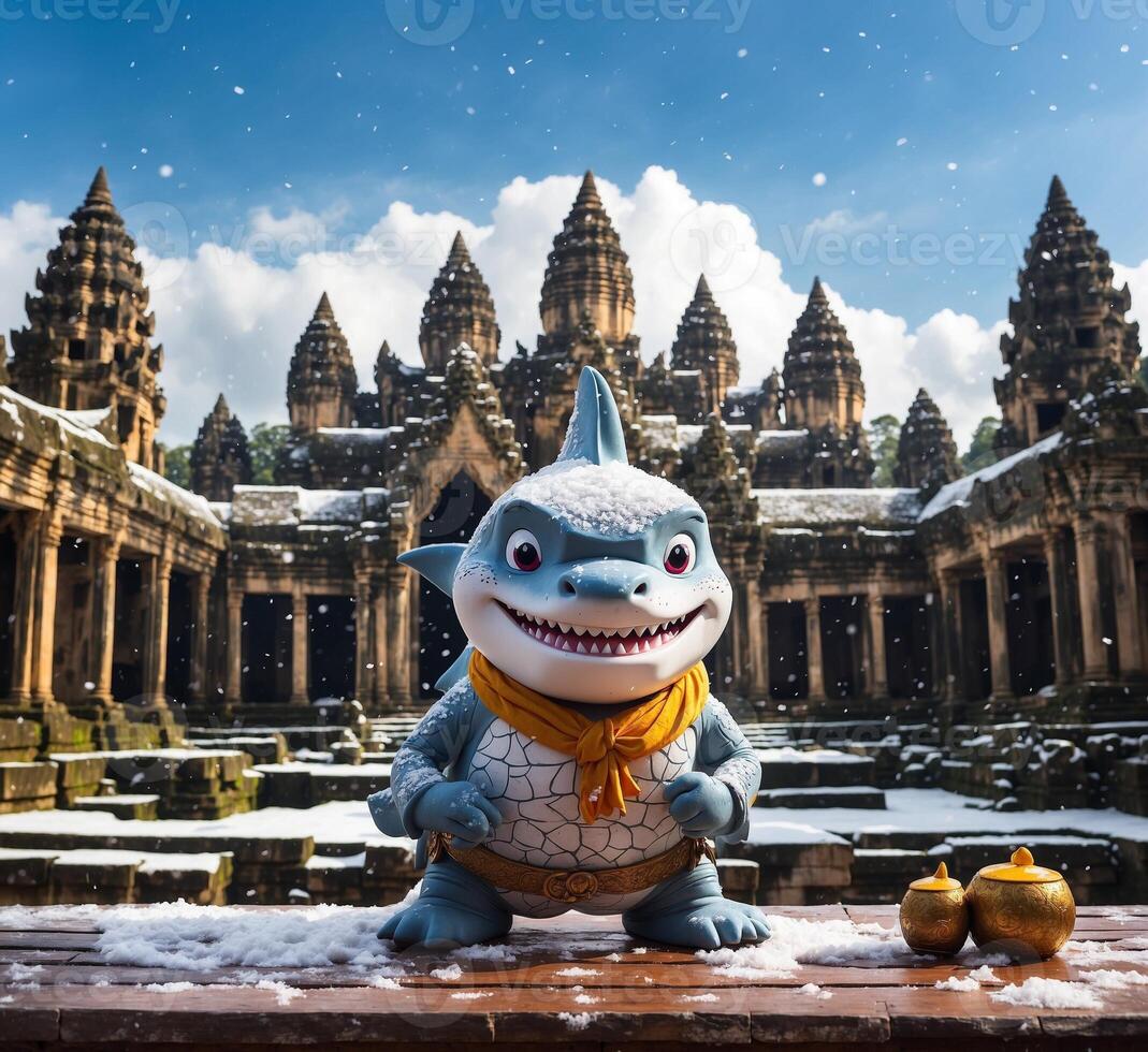 ai généré marrant requin mascotte personnage avec angkor quoi, siem recueillir, Cambodge, Asie. photo