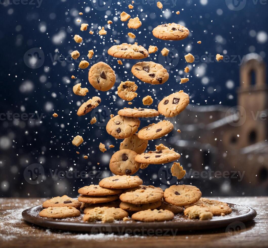 ai généré en volant Chocolat puce biscuits sur en bois table avec chute flocons de neige. photo