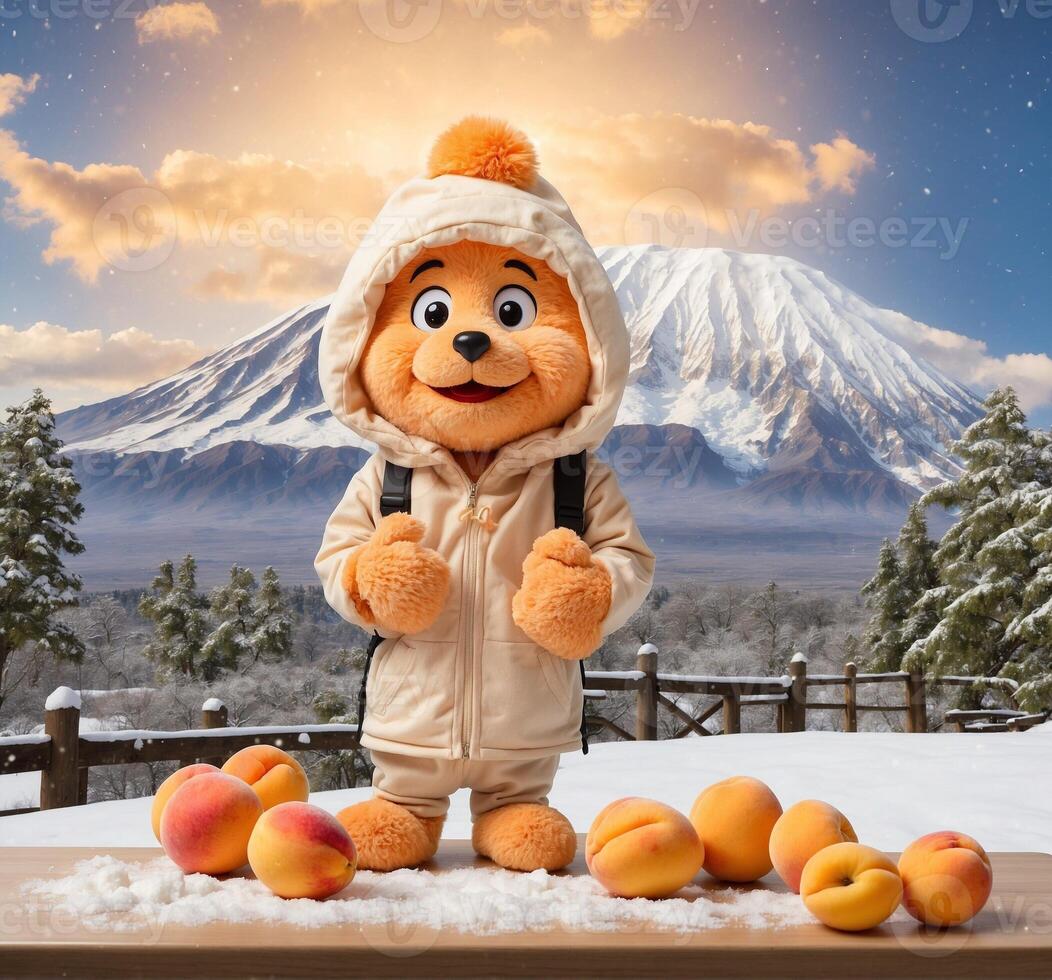 ai généré marrant abricots mascotte dessin animé personnage et monter Fuji dans le Contexte photo