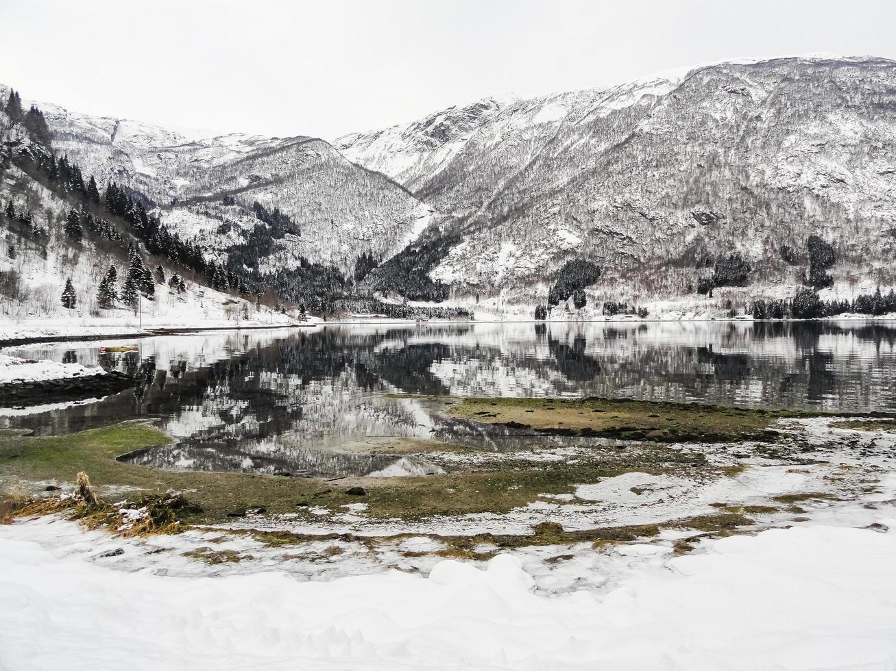 paysage d'hiver à la rivière du lac fjord gelé, framfjorden norvège. photo