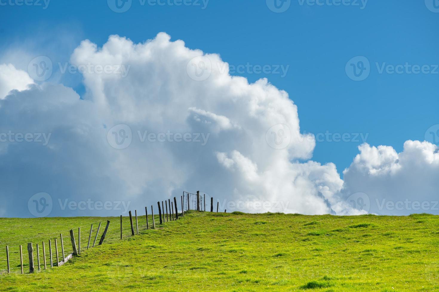 terres agricoles vertes génériques avec ciel bleu et nuages blancs moelleux derrière. photo