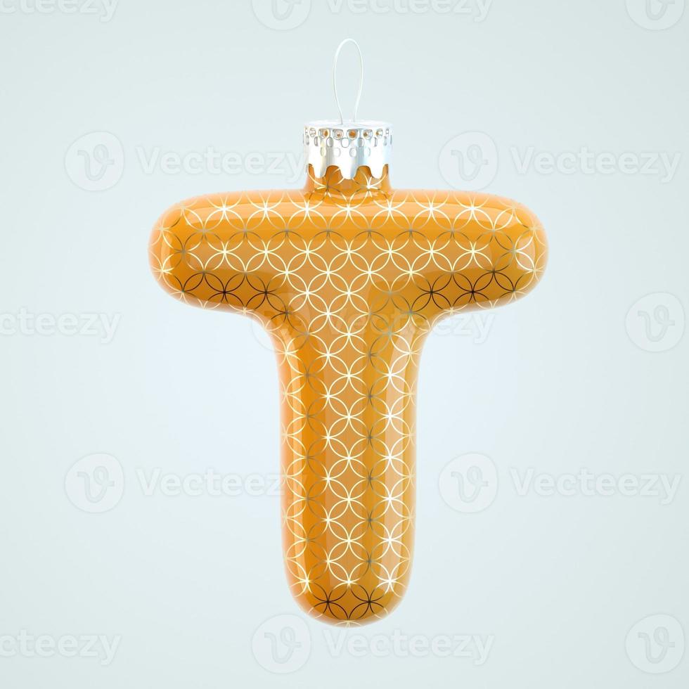 Orange lettre t jouet de Noël avec motif doré isolé sur fond blanc rendu 3D photo