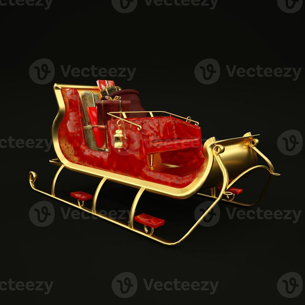 Illustration de traîneau de noël santa doré et rouge sur fond noir rendu 3d photo