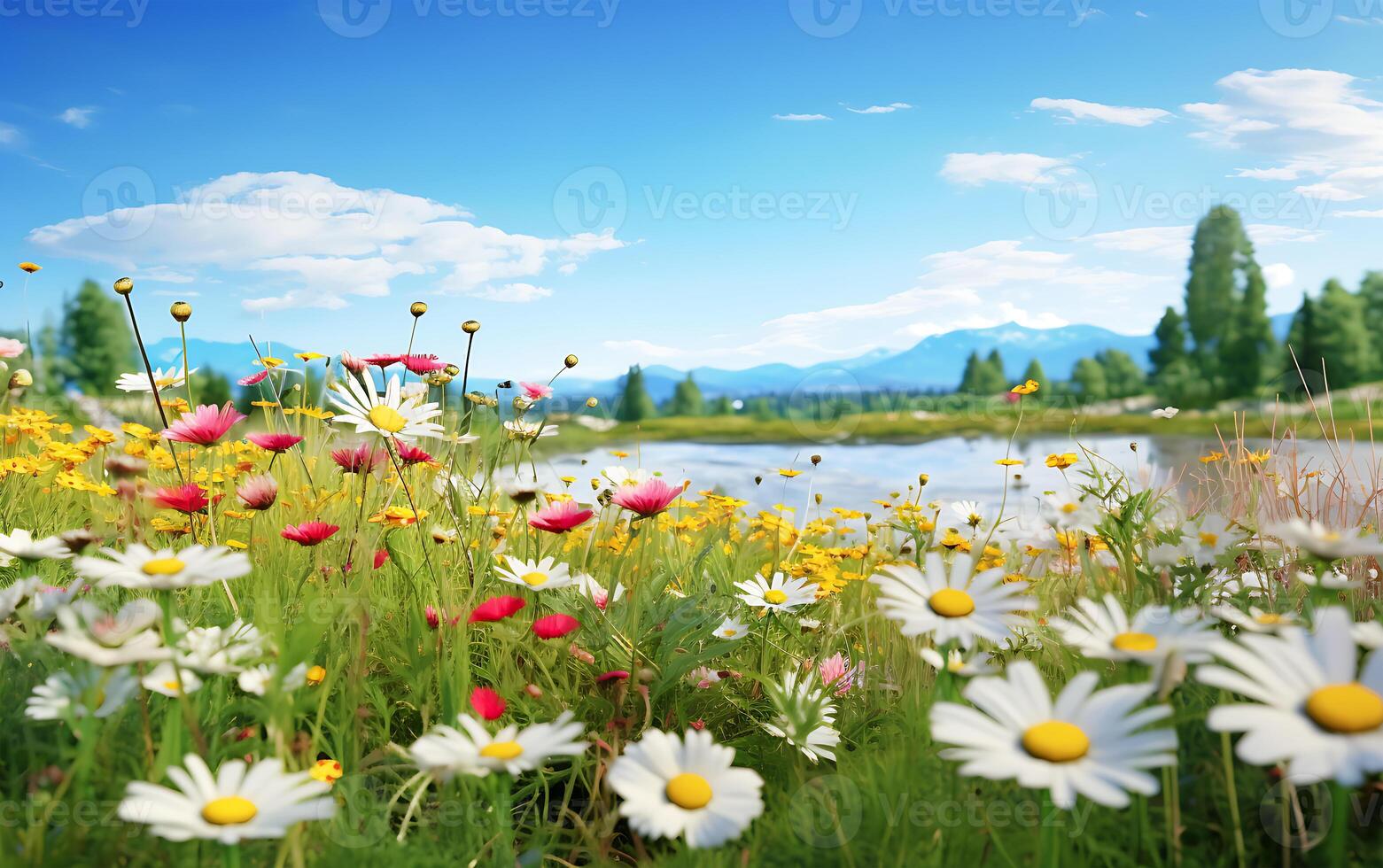 ai généré certains coloré fleurs sauvages et magnifique printemps prés dans ensoleillé été photo