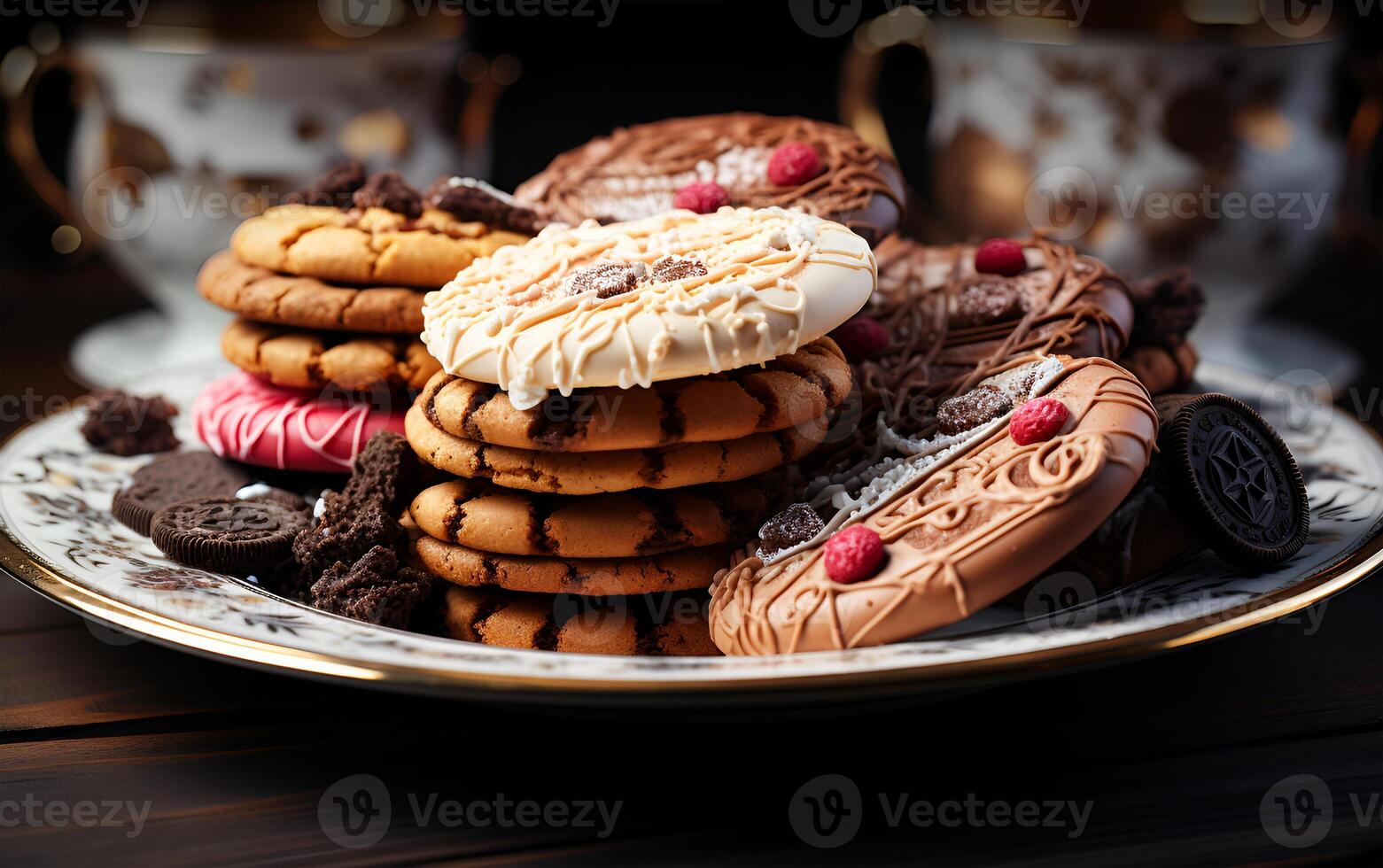 ai généré vue de savoureux biscuits nourriture dans différent couches sur une assiette photo