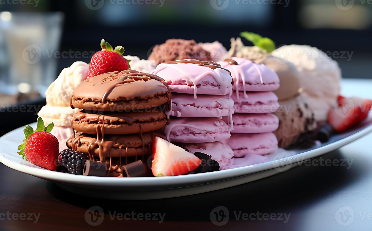 ai généré délicieux Frais nourriture vanille et fraise la glace crème dans différent modes sur une assiette photo