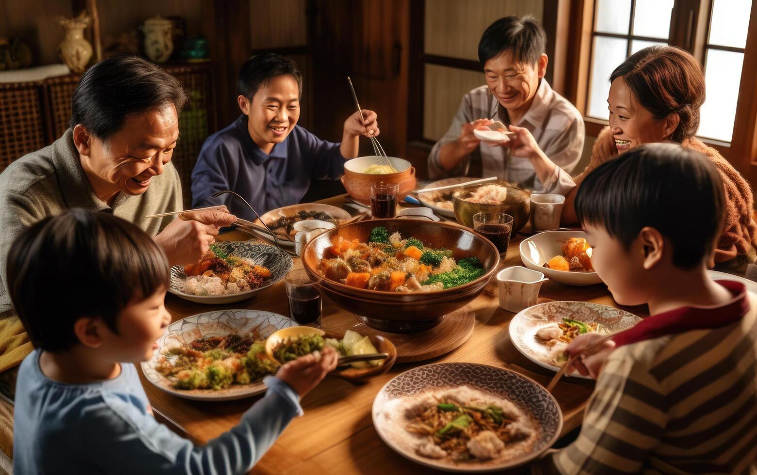 ai généré profiter dîner avec amis. Haut vue de groupe de gens ayant dîner ensemble. génératif ai photo