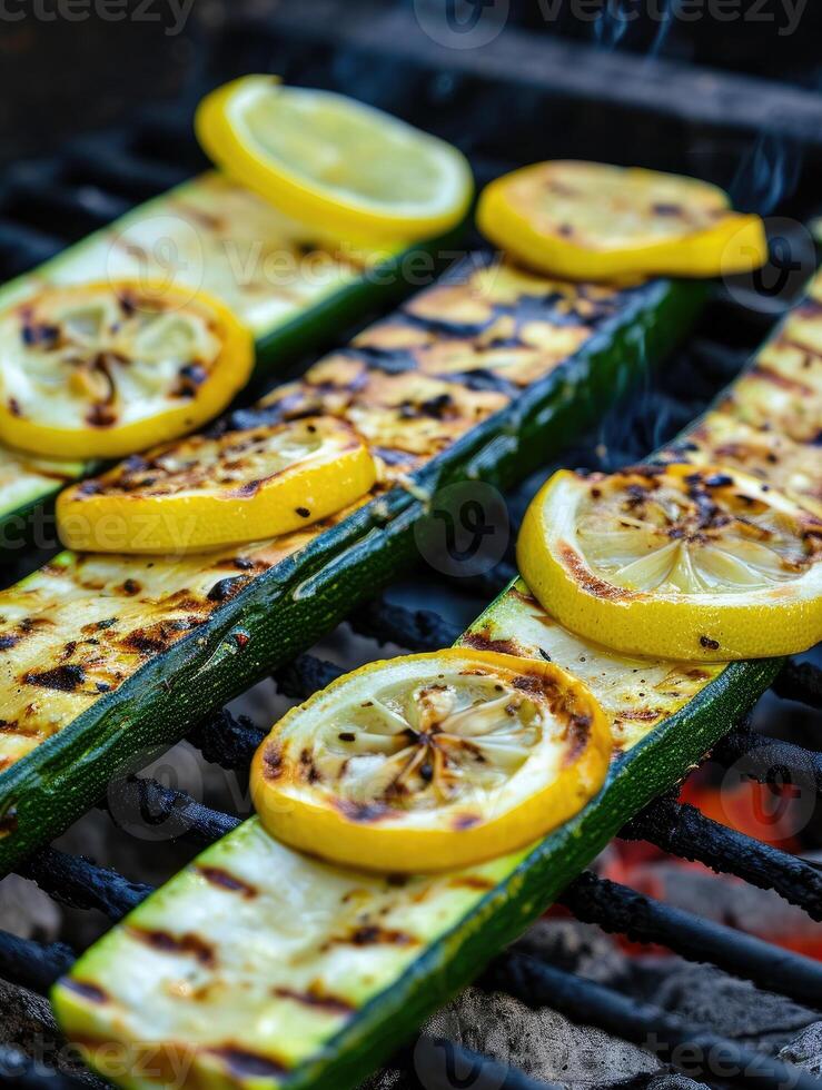 ai généré grillé biologique Zucchini avec citron dans le jardin. photo