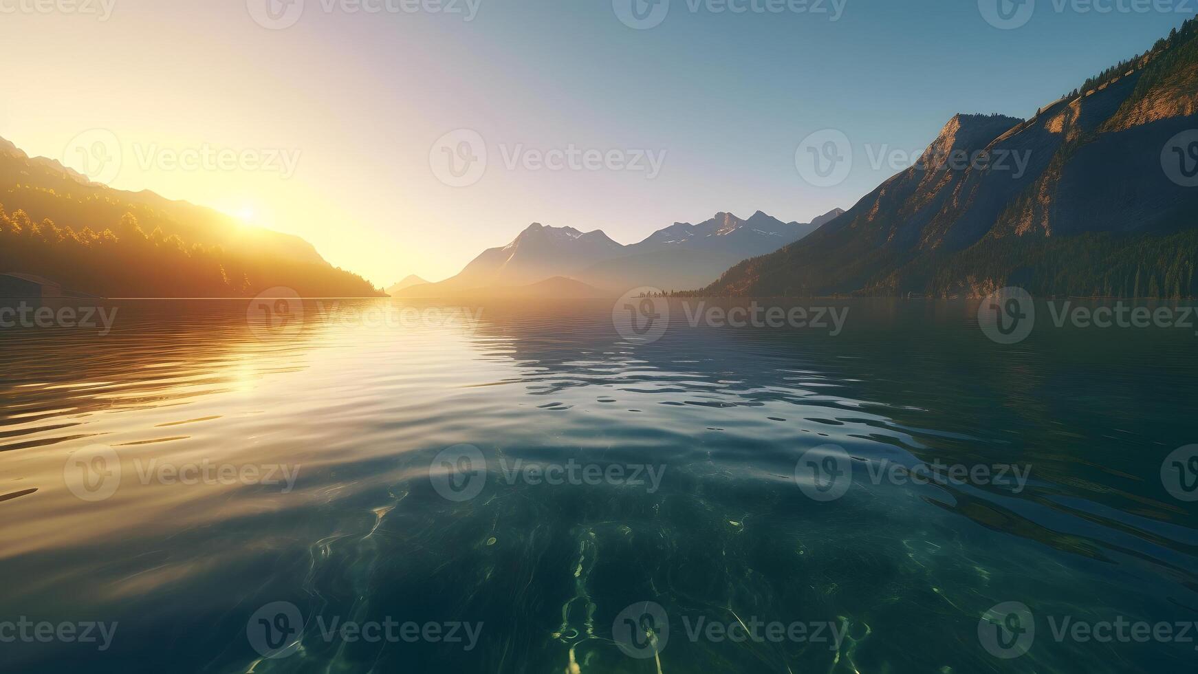 ai généré Suisse Montagne Lac avec peu profond très clair l'eau à été lever du soleil, neural réseau généré photoréaliste image photo
