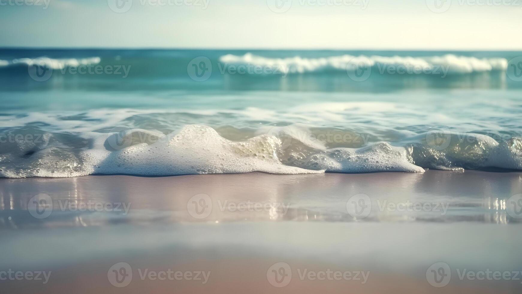 ai généré fermer mer le surf et le sable plage à ensoleillé jour, neural réseau généré photoréaliste image photo