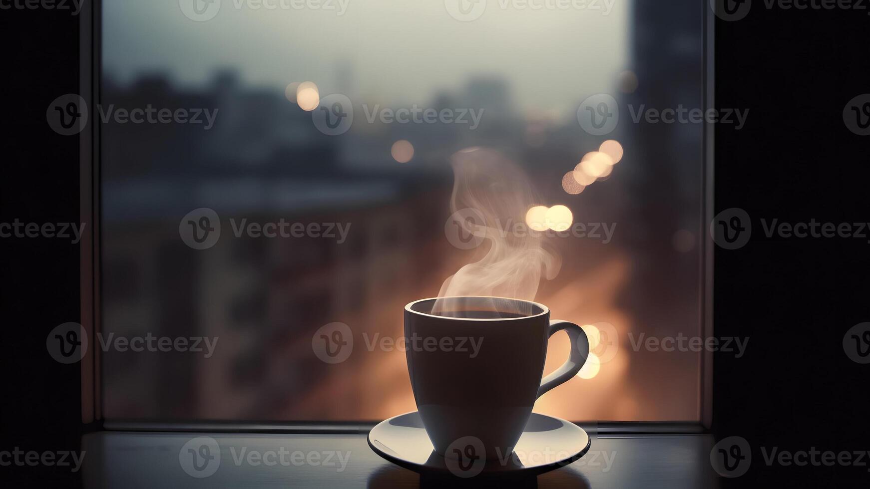 ai généré chaud café tasse sur rebord de fenêtre avec floue nuit ville dans le arrière-plan, neural réseau généré image photo