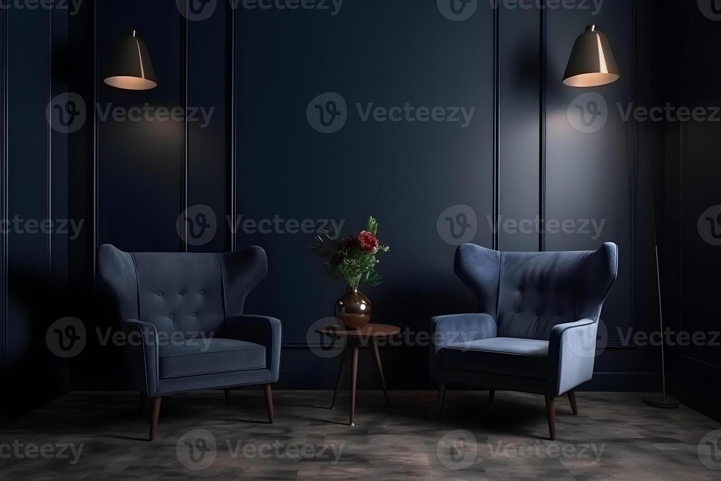 ai généré moderne foncé Accueil intérieur dans foncé marine bleu couleurs avec deux vide les fauteuils, neural réseau généré photoréaliste image photo