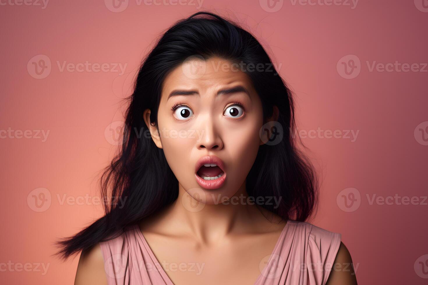 ai généré surpris asiatique Jeune adulte femme sur corail rose Contexte. neural réseau généré photoréaliste image. photo