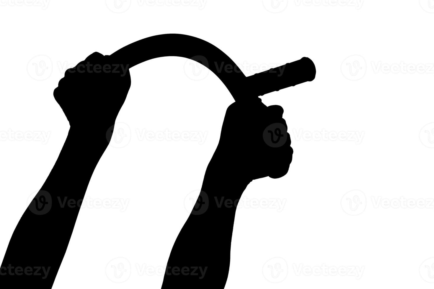 une noir et blanc silhouette de deux bras pliant caoutchouc police bâton isolé sur blanc Contexte photo