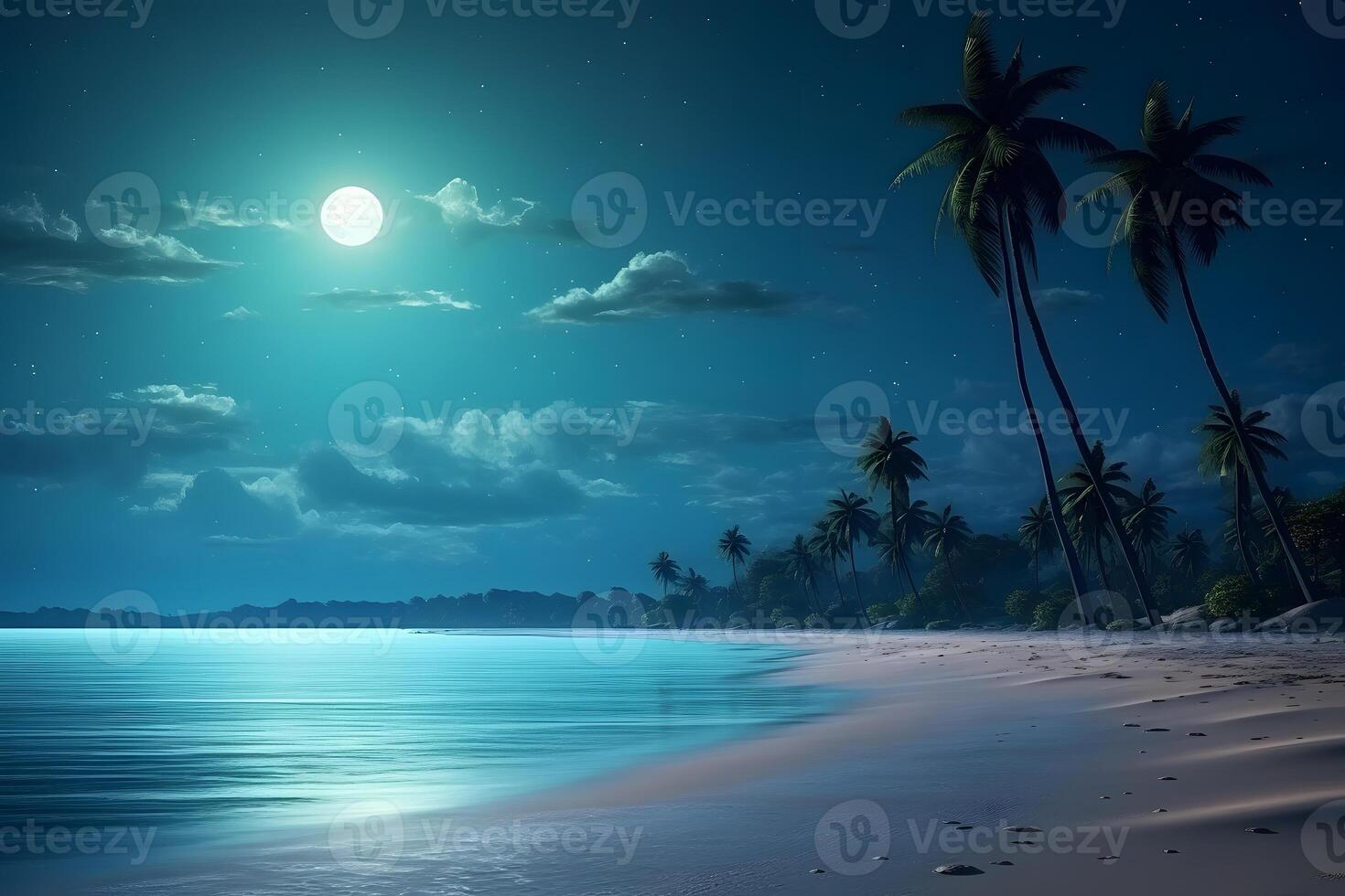 ai généré tropical plage vue avec blanc sable, turquoise l'eau et paume arbre à plein lune nuit, neural réseau généré photoréaliste image photo