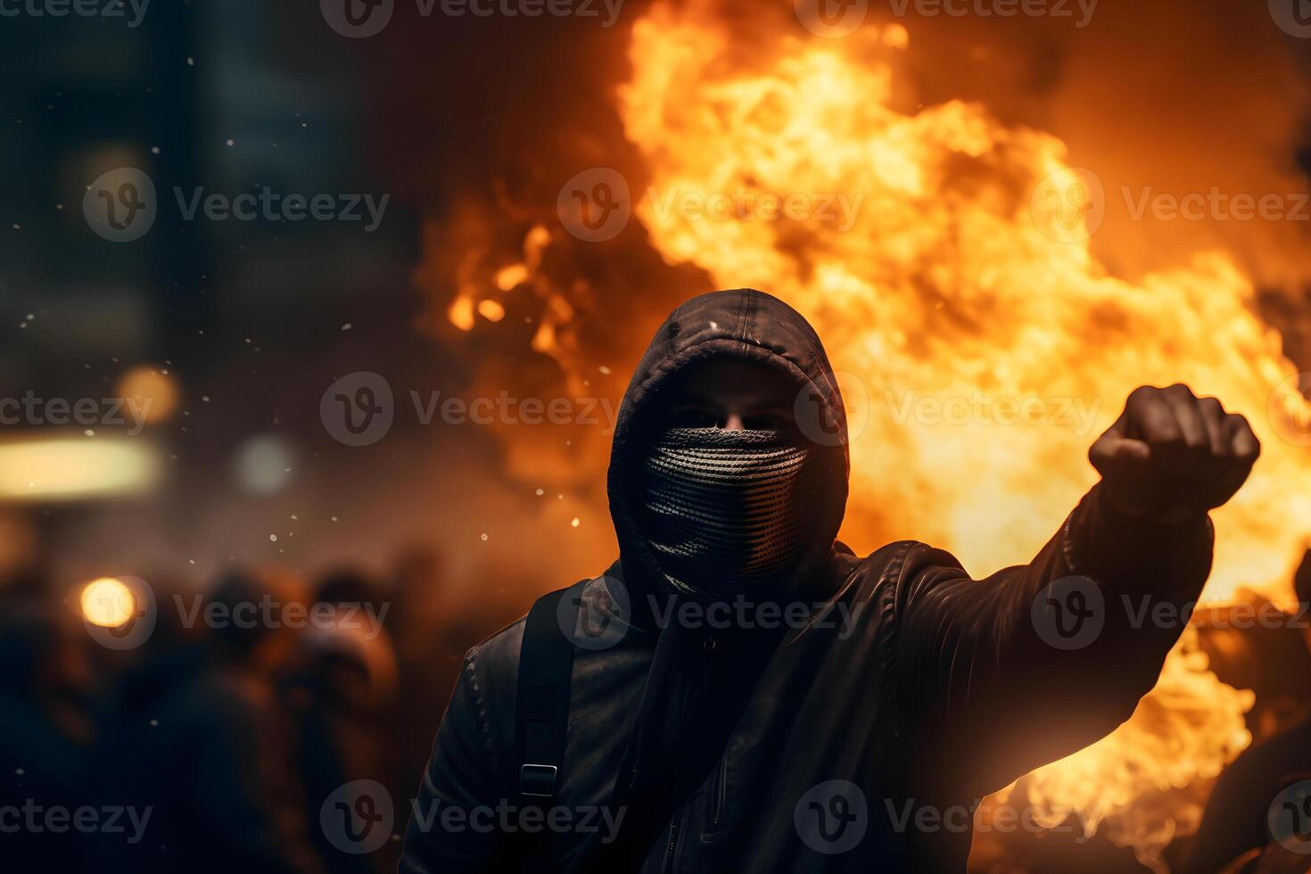 ai généré rue émeute dans ville avec manifestants et brûlant voitures, neural réseau généré photoréaliste image photo