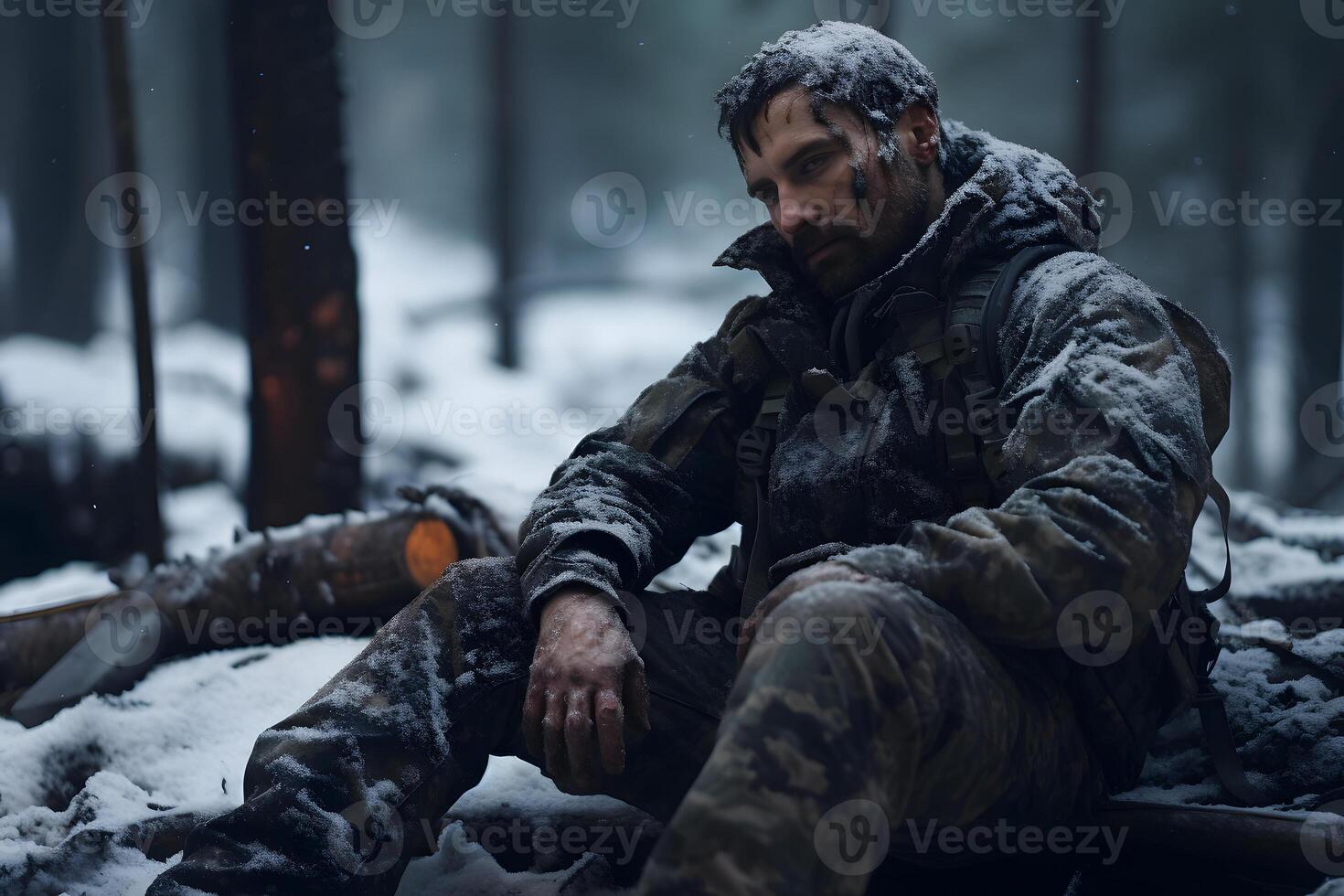 ai généré sale fatigué soldat séance dans Profond forêt à hiver jour, neural réseau généré image photo