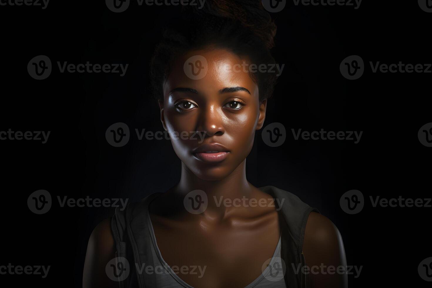 ai généré brillant Jeune adulte africain américain femme, portrait sur noir Contexte. neural réseau généré photoréaliste image photo