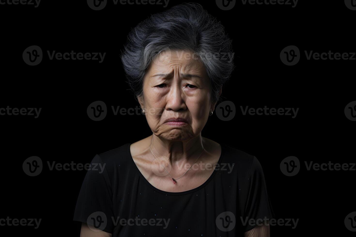 ai généré dégoûté mature asiatique femme portrait sur noir Contexte. neural réseau généré photoréaliste image photo