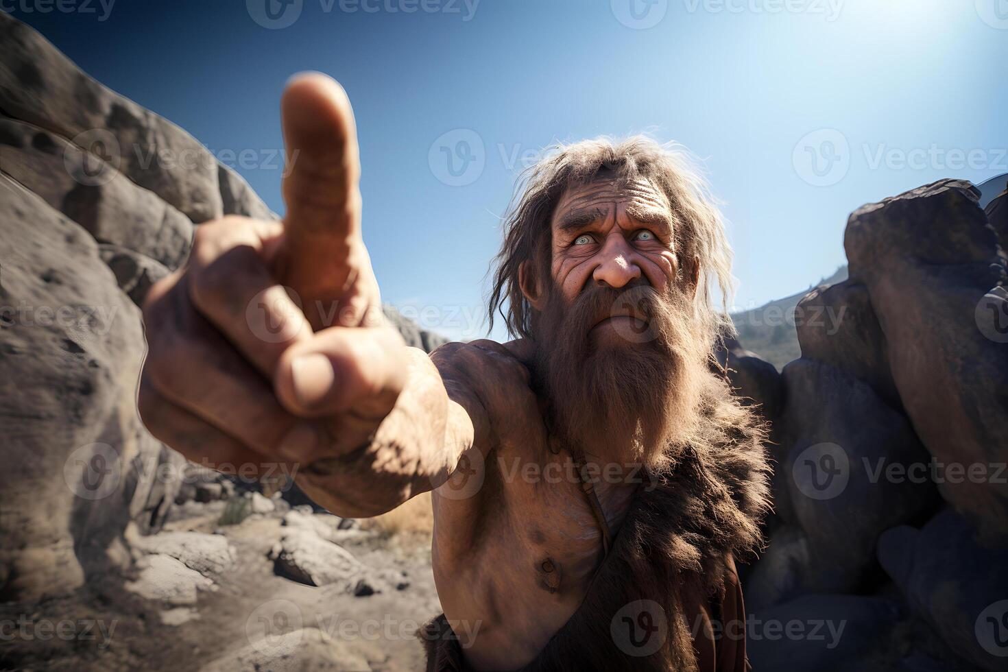 ai généré pierre âge mature barbu homme points doigt à téléspectateur côté, neural réseau généré image photo