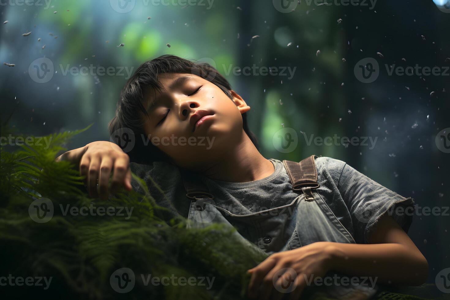 ai généré asiatique garçon en train de dormir dans forêt à été jour, neural réseau généré photoréaliste image photo