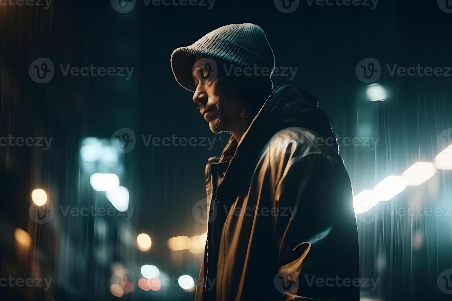 ai généré cinématique portrait de étranger sur pluvieux nuit rue dans Thriller en francais style, neural réseau généré photoréaliste image photo