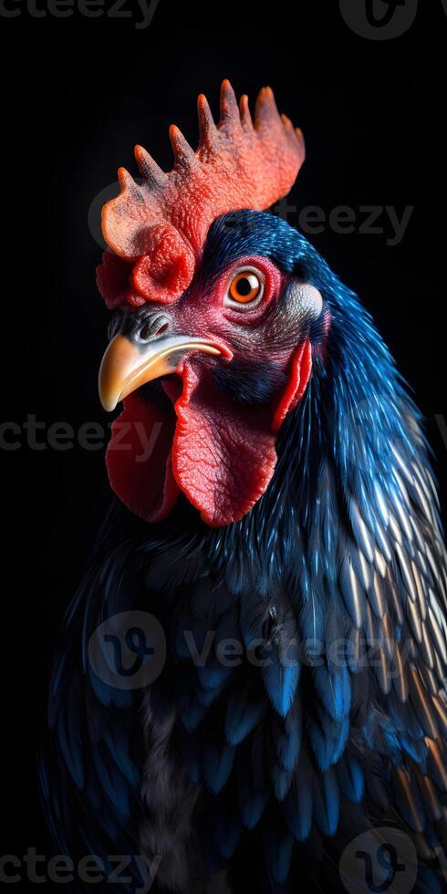 ai généré magnifique coloré coq proche portrait sur noir arrière-plan, neural réseau généré photoréaliste image photo