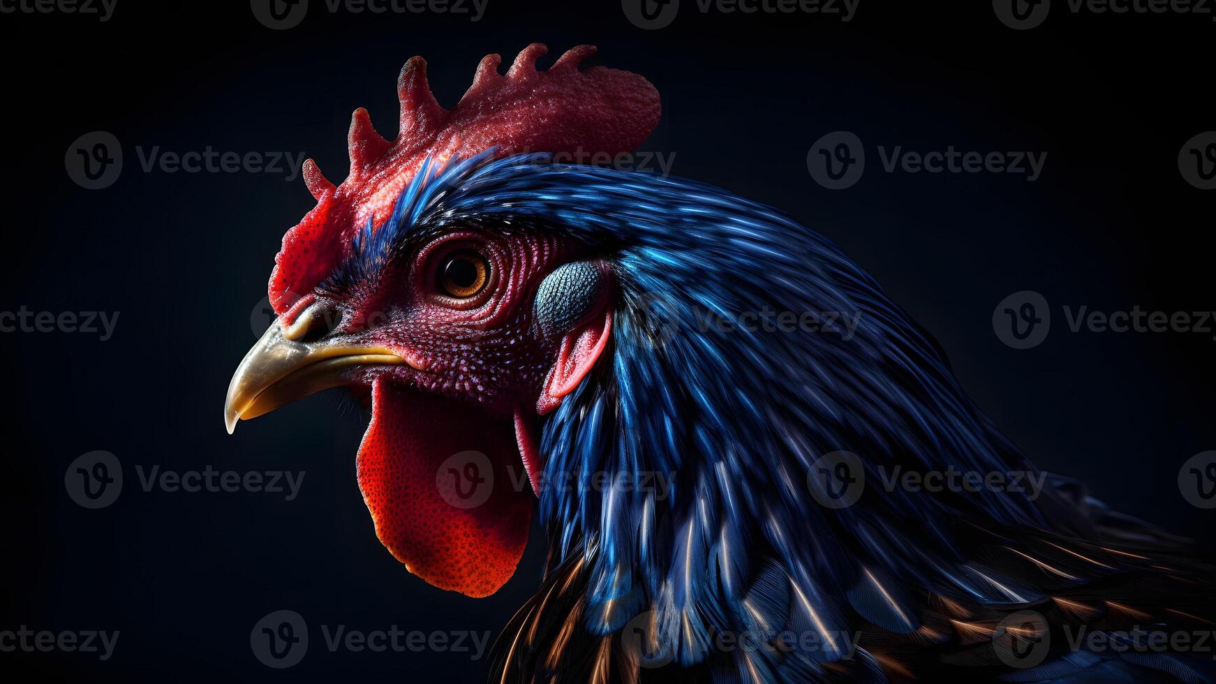 ai généré magnifique coloré coq proche portrait sur noir arrière-plan, neural réseau généré photoréaliste image photo