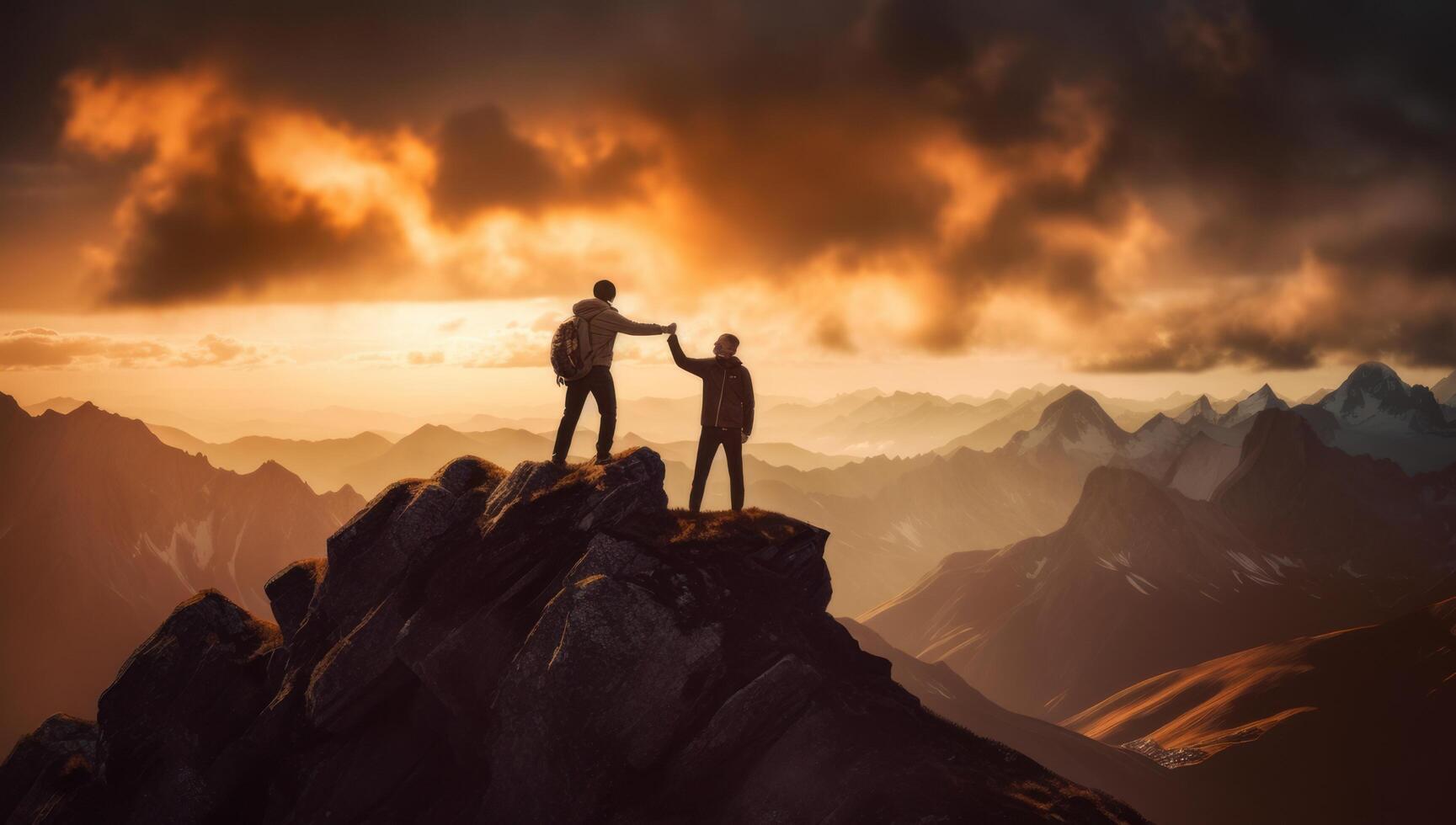 ai généré deux gens portion chaque autre sur une Montagne Haut. ai génératif photo