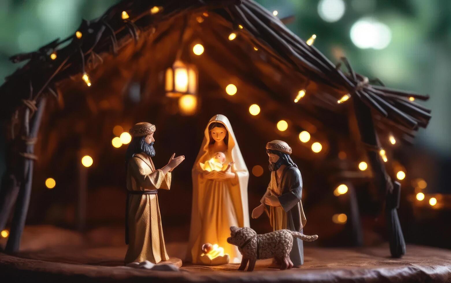 ai généré Noël Nativité scène. bébé Jésus Christ, Marie et Joseph. génératif ai photo