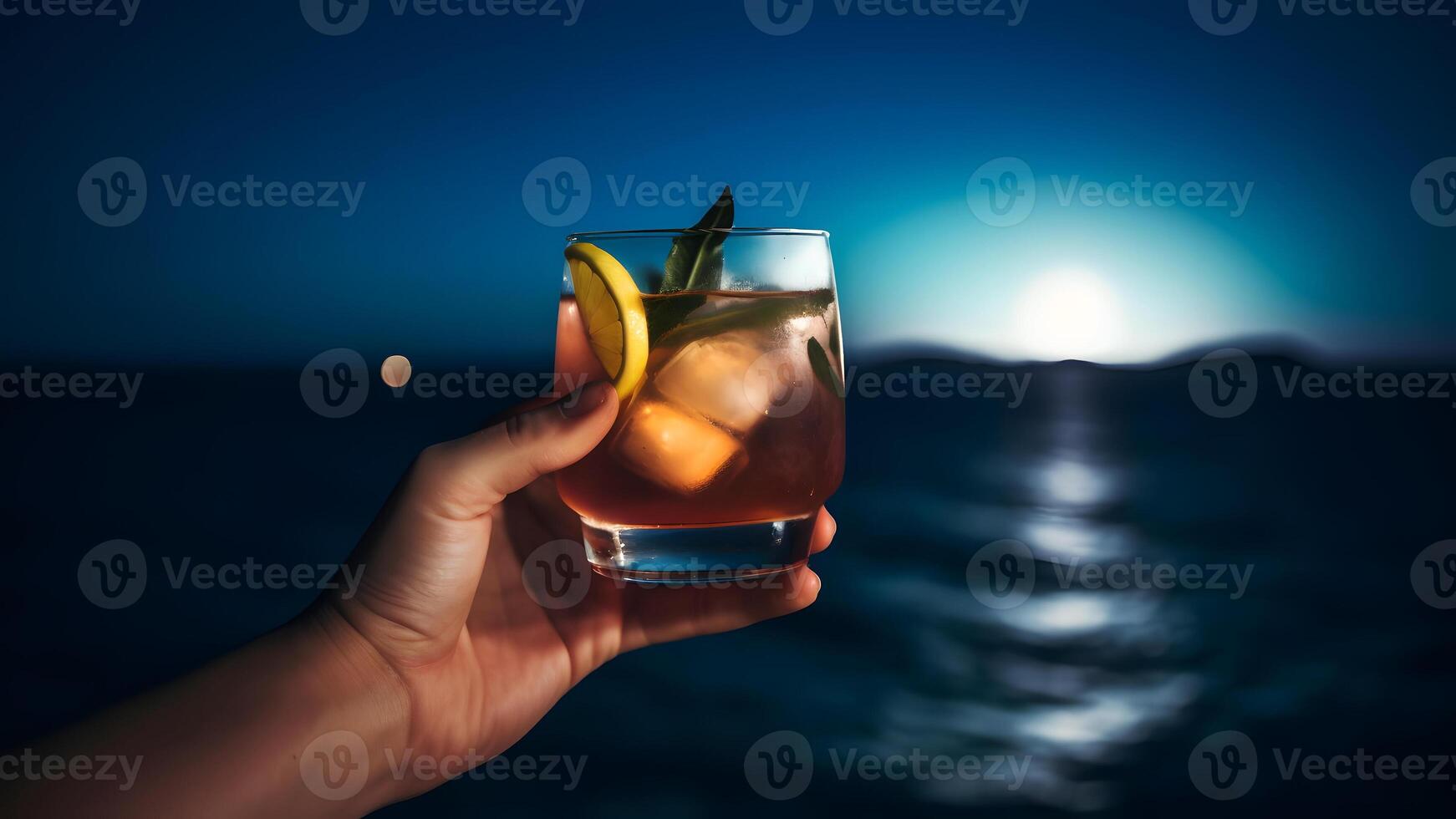 ai généré main en portant verre de cocktail sur floue mer horizon Contexte à plein lune nuit, neural réseau généré image photo