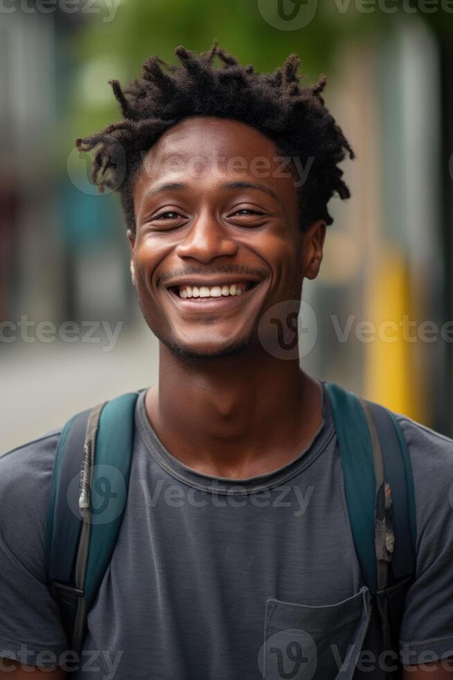 ai généré portrait de une souriant africain homme dans fermer permanent sur le rue photo