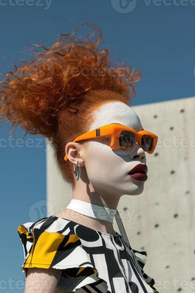 ai généré portrait de un albinos africain fille avec des lunettes dans fermer photo