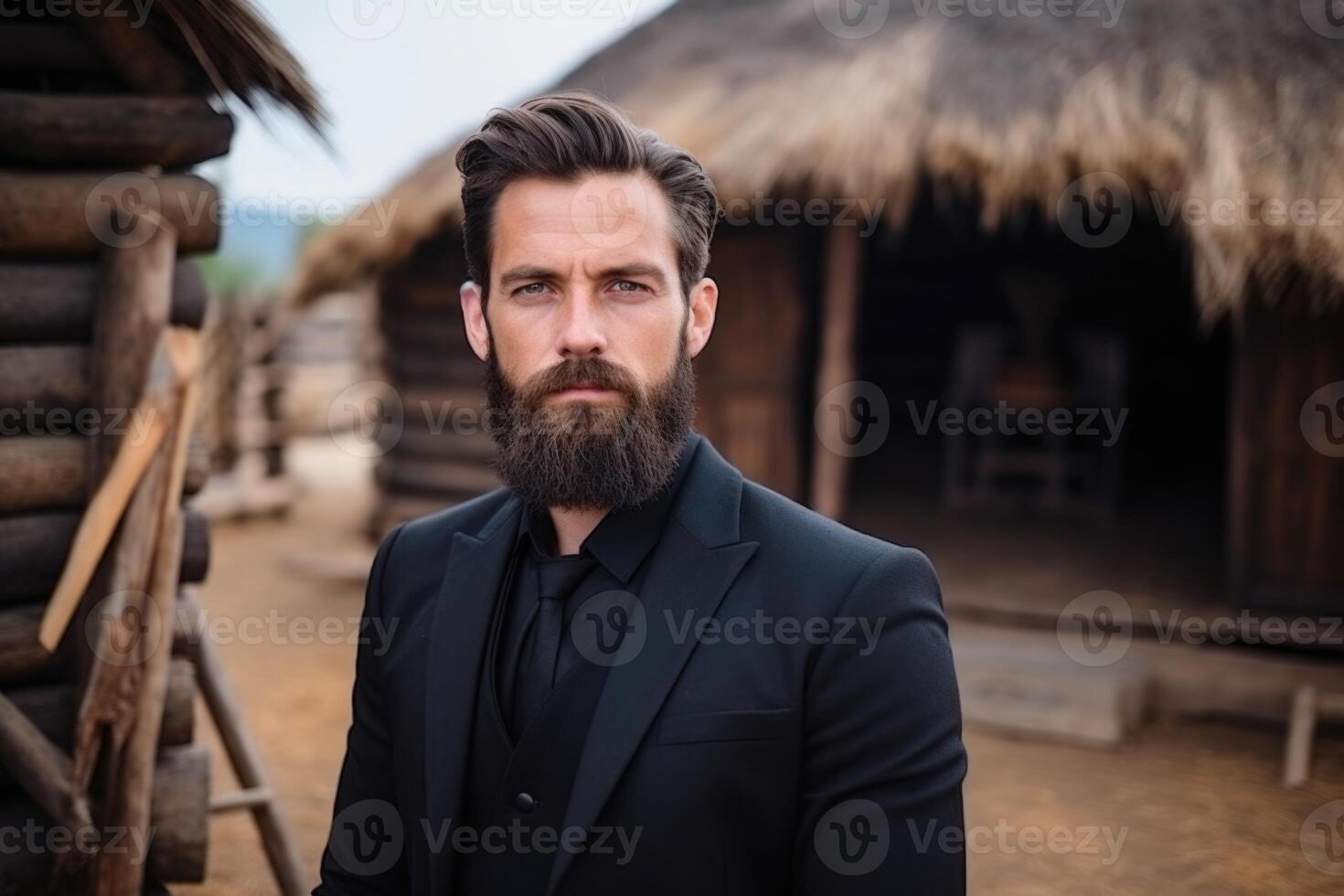 ai généré portrait de une européen homme avec une barbe dans une formel costume contre le Contexte de un africain village photo