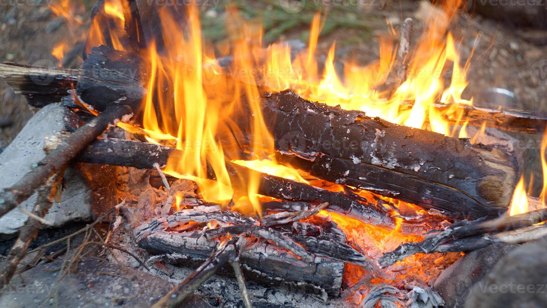 fermer vue de feu flammes de camping feu, lent mouvement brûlant bois de chauffage. confortable fin de semaine, bois de chauffage, brûlant journaux, chaleur, camping, la nature Extérieur des loisirs concept. photo